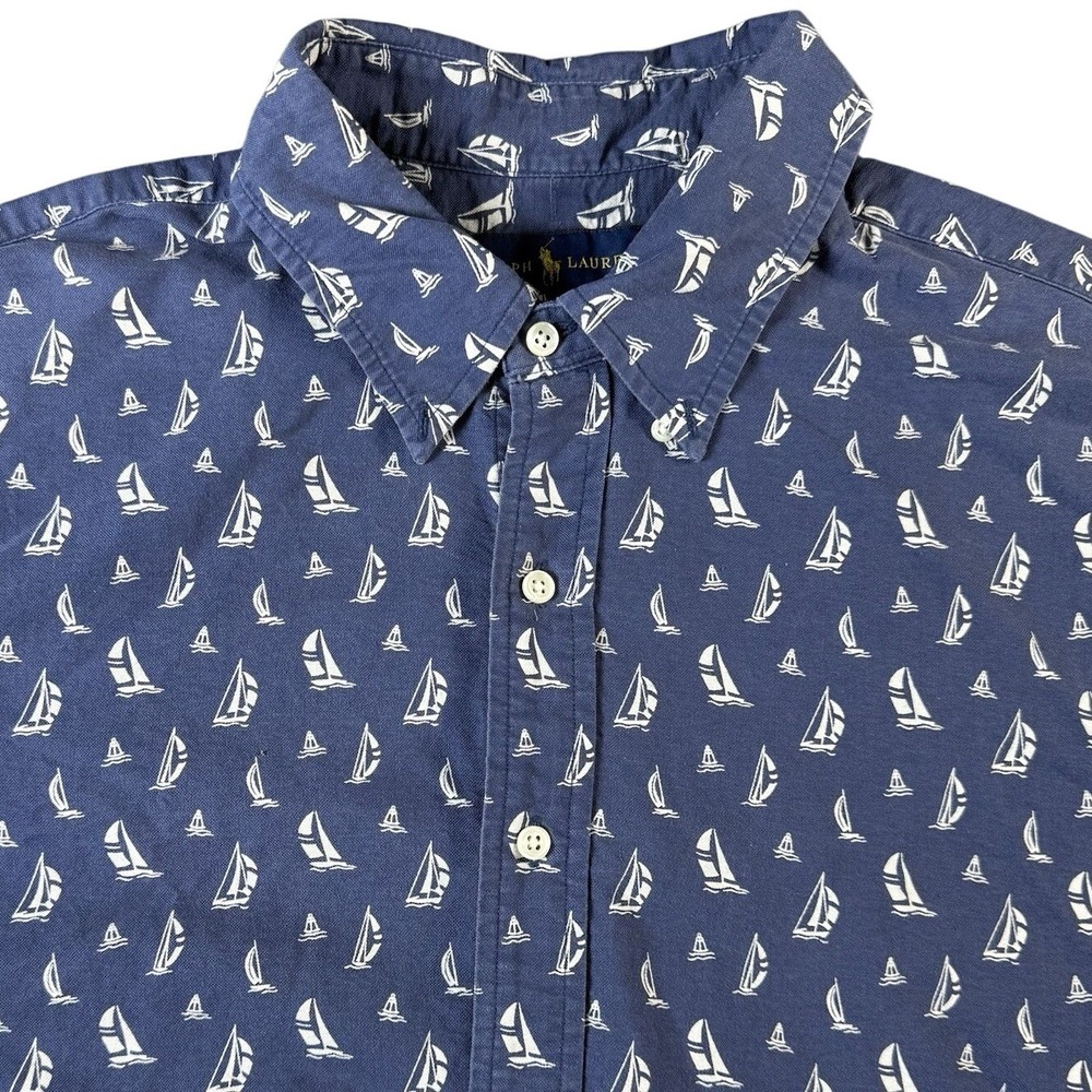 Ralph Lauren Button Down Short Sleeve Shirt Men's 2XL‎ Navy AOP Sailboats